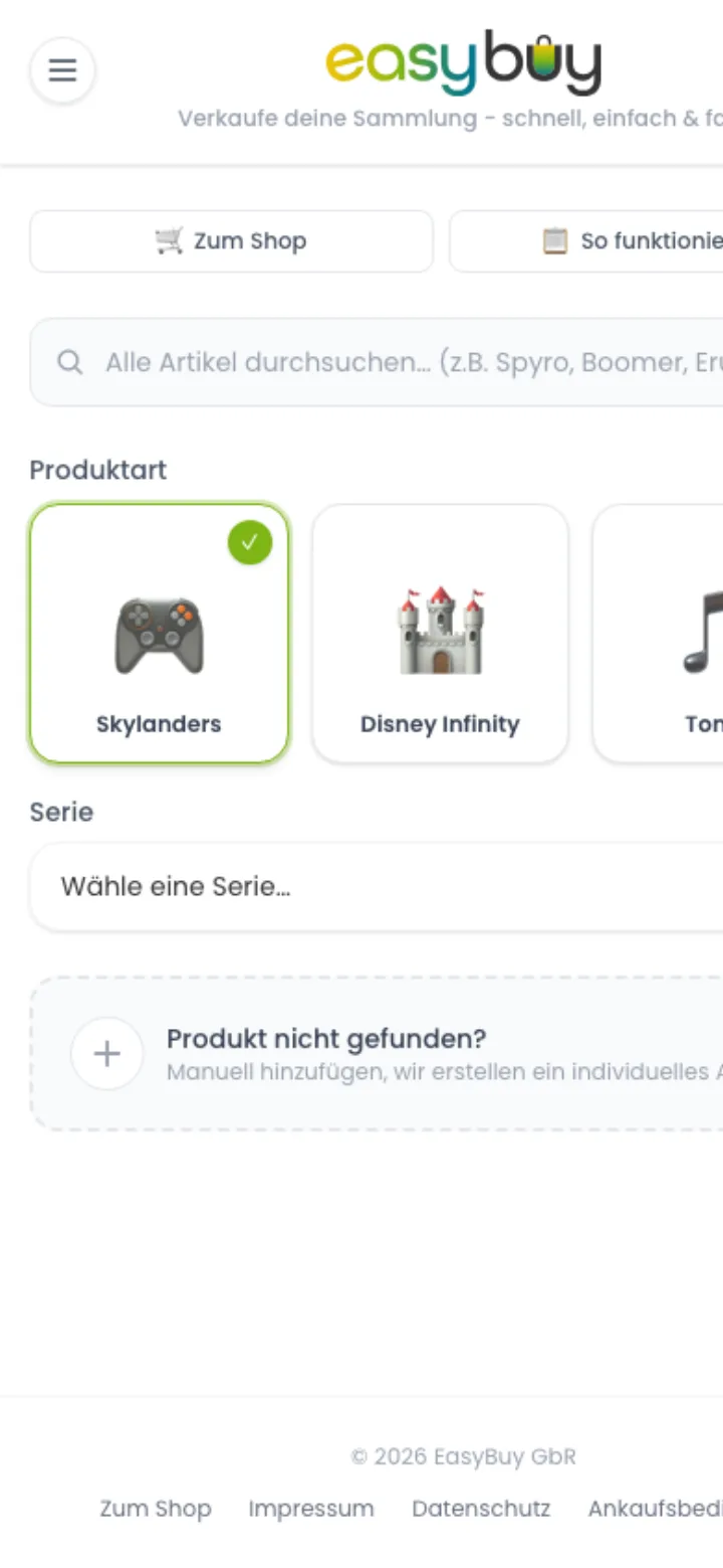 Öffentlich prüfbarer EasyBuy-Ankaufsprozess mit Produktauswahl, Zustandsangaben und geführten Prozessschritten